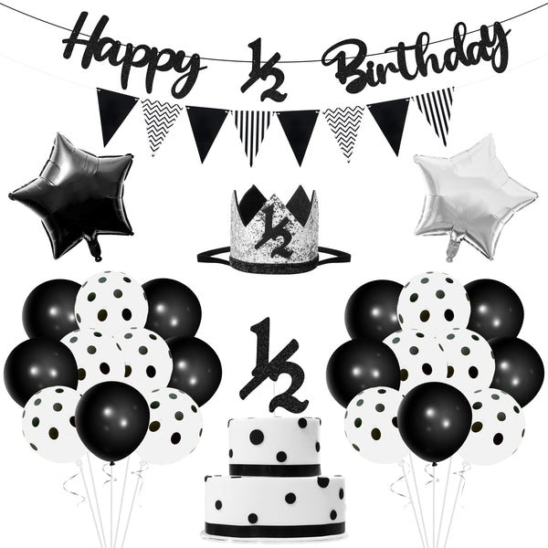 PANTIDE 6 Months Birthday Decorations Set for Baby Boy, Black & White Happy 1/2 Birthday Triangle Flag Banner Glitter 1/2 Cake Topper Crown Hat Latex Foil Balloons for Half Year Birthday Baby Shower