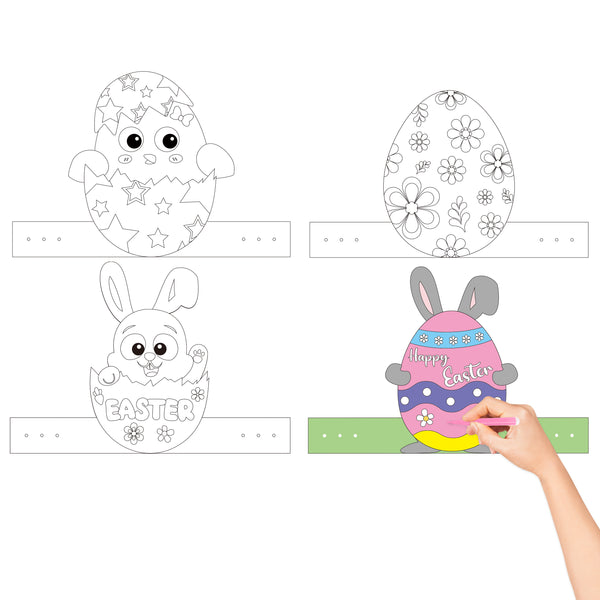 PANTIDE 24Pcs Color Your Own Easter Crowns for Kids Easter Eggs Bunny Chick Paper White Crown Adjustable DIY Coloring Headbands Party Supplies Decor for Easter Costume Accessory School Craft Activity