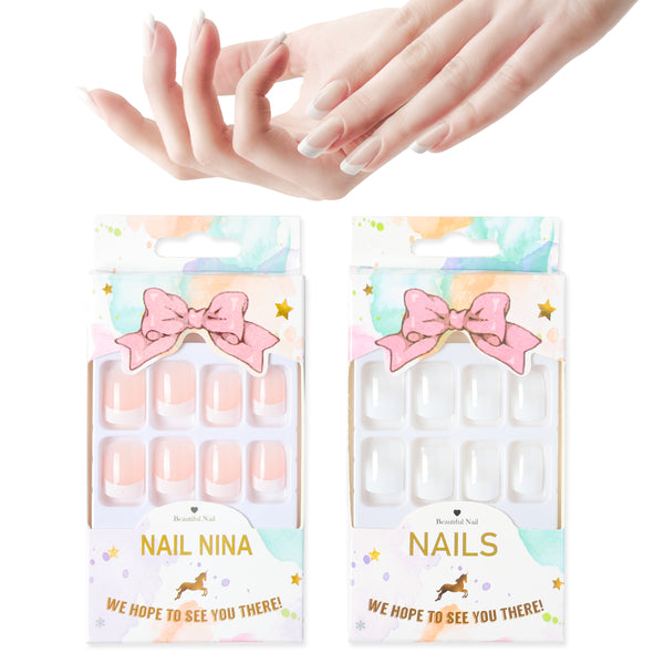 PANTIDE 48Pcs Glossy French Press on Nails, Natural Pink White Ombre Gradient Short False Nails, Artificial Acrylic Full Cover Square Fake Nails with Waterproof Adhesive Stickers for Women Girls