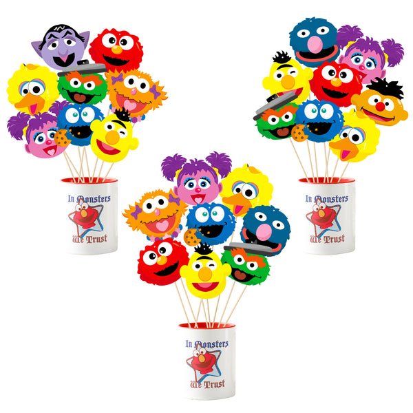PANTIDE Sesame Friends Centerpiece Sticks Table Toppers, Double-Sided Photo Booth Props Cake Toppers, Sesame Elmo Cookie Monster Big Bird Themed Birthday Party Decorations Supplies for Kids, Set of 30