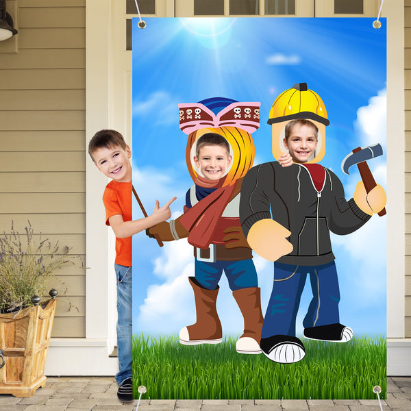 PANTIDE Robot Blocks Photo Door Banner, Video Game Large Fabric Face Photography Backdrop Background Pretend Play Photo Booth Props Party Games, Birthday Party Supplies Decorations for Kids (5x3ft)
