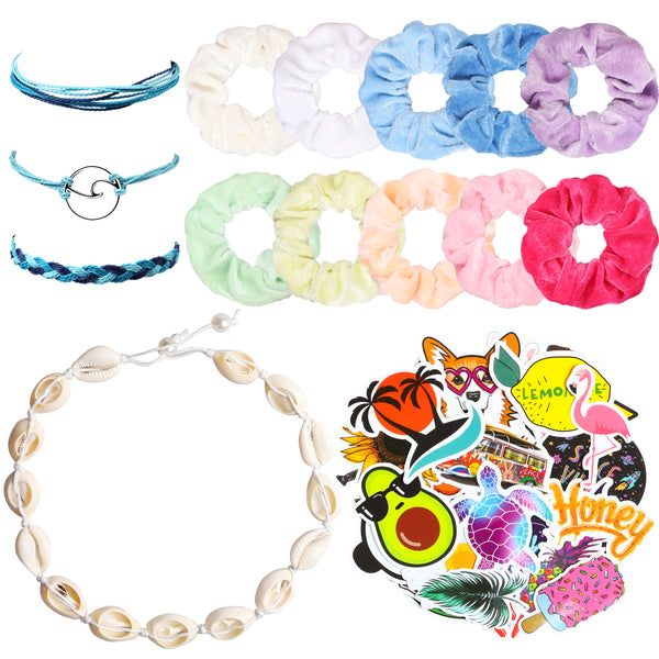 PANTIDE 44Pcs VSCO Starter Stuff Pack Set-VSCO Stickers, Velvet Hair Scrunchies, Puka Shell Necklace Choker, Adjustable Handmade Wave Bracelets, Birthday Gifts for Women Girls