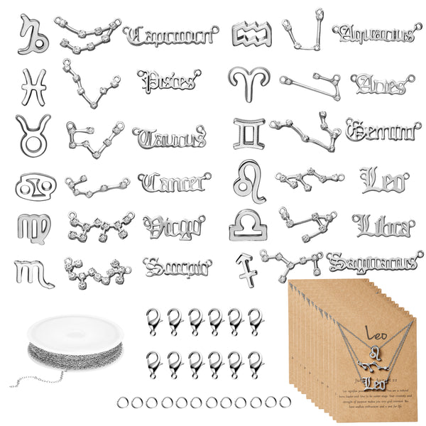 PANTIDE 48Pcs Twelve Constellation Charm DIY Jewelry Making Kit for Women Girls Zodiac Layer Sign Old English Letter Horoscope Pendant with Necklace Display Cards Alloy Chain Lobster Clasps Jump Rings