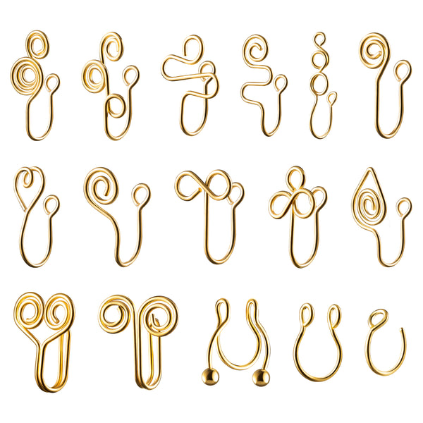 PANTIDE 16 Pcs African Nose Cuffs for Pierced Clip on Ring Non Piercing Gold Plated Heart Shape Fake Nose Hoop Jewelry Bohemian Handmade Ear Cuffs Adjustable U Shape Alloy Septum Ring for Women Men