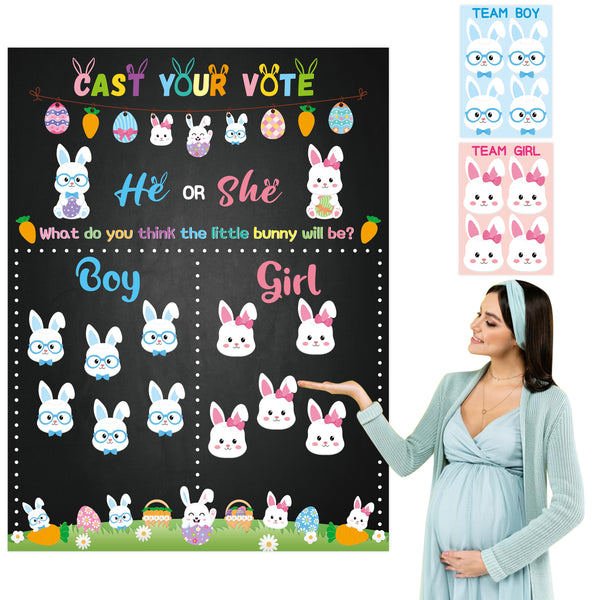 PANTIDE Little Bunny Gender Reveal Party Games for Guests Cast Your Vote He or She Gender Reveal Poster with Team Boy or Team Girl Easter Bunny Voting Stickers for Spring Baby Shower Party Supplies