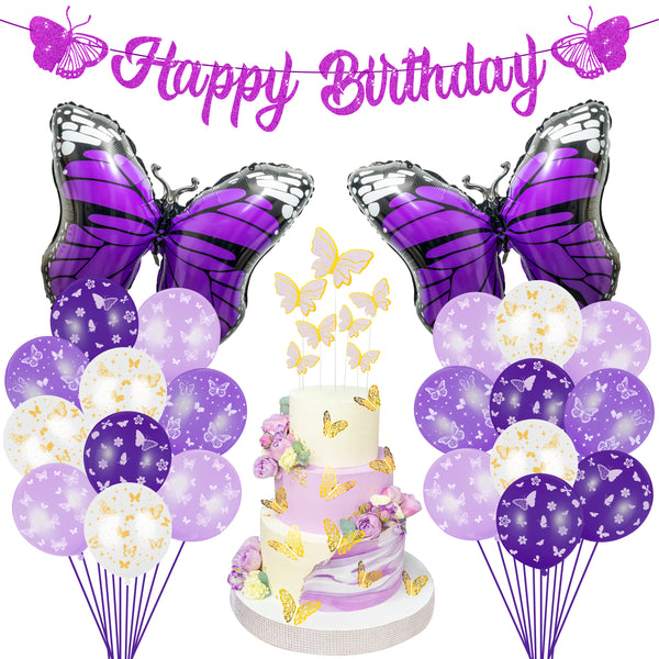 PANTIDE 46Pcs Butterfly Party Decoration Supplies Kit Happy Birthday Banner Butterfly Foil Latex Balloons 3D Butterfly Wall Stickers Decor Cake Topper for Girls Women Birthday Baby Shower Spring Party