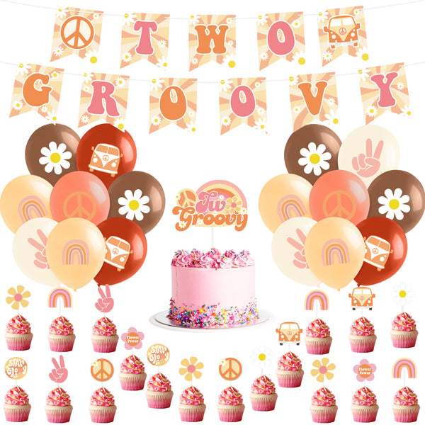 PANTIDE Two Groovy Retro Hippie Boho Girl Party Decorations Set for 2nd Birthday - Two Groovy Banner Latex Balloons Cake Cupcake Toppers Boho Rainbow Daisy Themed Party Supplies for Baby 2 Year Old