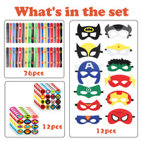 PANTIDE 60 Packs Superhero Party Favors - 36 Pcs Superhero Slap Bracelets, 12 Pcs Felt Masks, 12 Sheets of Stickers, Avengers Superhero Theme Birthday Party Supplies Carnival Class Prize for Kids Boys