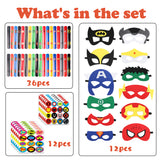 PANTIDE 60 Packs Superhero Party Favors - 36 Pcs Superhero Slap Bracelets, 12 Pcs Felt Masks, 12 Sheets of Stickers, Avengers Superhero Theme Birthday Party Supplies Carnival Class Prize for Kids Boys