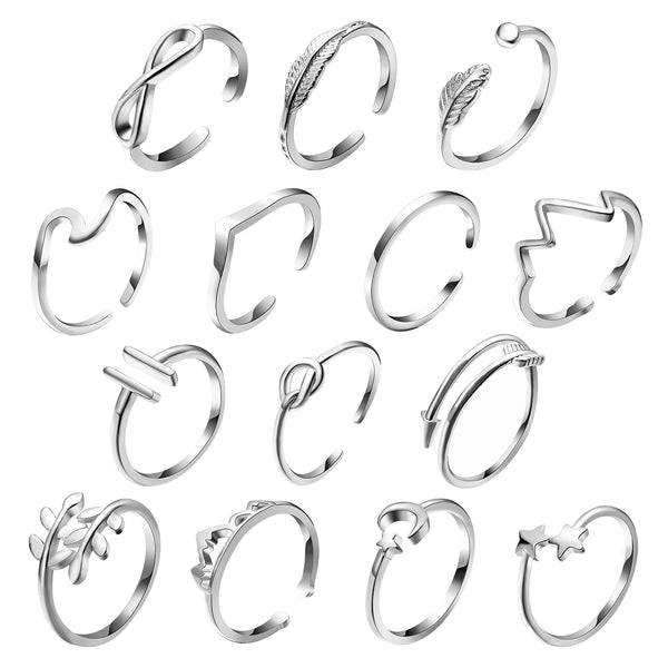 PANTIDE 14Pcs Adjustable Open Rings Set for Women Arrow Knot Wave Rings Knuckle Stackable Thumb Open Rings for Teen Girls Simple Finger Rings Hypoallergenic VSCO Jewelry Gifts with Velvet Storage Bag