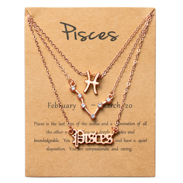 PANTIDE 3Pcs Constellation Zodiac Layer Necklaces for Women Girls, Retro Gold Plated 12 Constellation Pendant Necklace Exquisite Letter Horoscope Old English Zodiac Sign Necklace Jewelry Birthday Gift