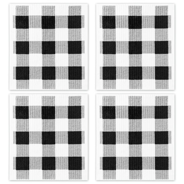 PANTIDE 4Pcs Black & White Plaid Swedish Kitchen Reusable Dish Clothes Fast Dry Dish Towels Sponge No Odor Highly Absorbent Eco-Friendly Cleaning Cloths Washable Cellulose Dishcloth Rag Cleaning Wipes