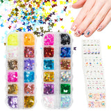 PANTIDE 24 Colors/Set Holographic 3D Butterfly Nail Glitter Sequins and 48 Sheets Water Transfer Nail Decals Stickers Tattoos, Laser Sparkle Confetti Flakes Manicure Nail Art Supplies DIY Crafting