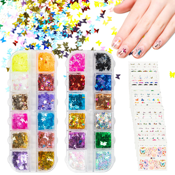 PANTIDE 24 Colors/Set Holographic 3D Butterfly Nail Glitter Sequins and 48 Sheets Water Transfer Nail Decals Stickers Tattoos, Laser Sparkle Confetti Flakes Manicure Nail Art Supplies DIY Crafting