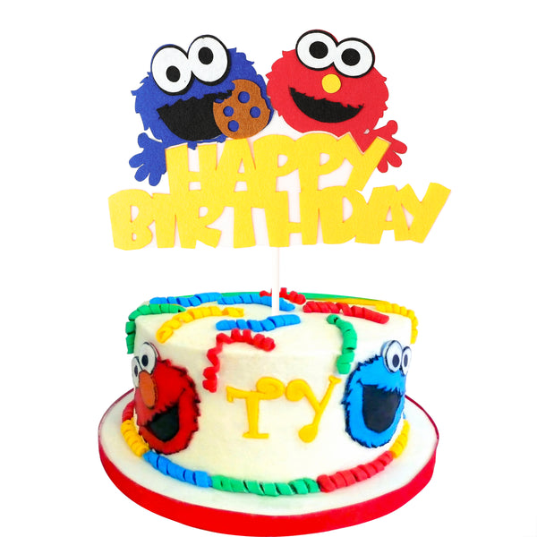 PANTIDE Sesame Inspired Birthday Cake Topper, Happy Birthday Sesame Cake Topper Party Decoration Party Supplies Elmo Cake Topper Cookie Monster Cake Decoration Supplies for Boys and Girls