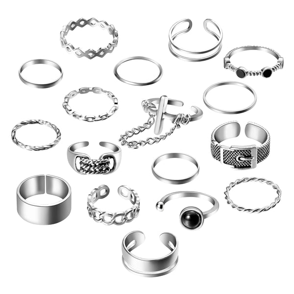 PANTIDE 17Pcs Punk Gothic Rings Set, Vintage Knuckle Rings Set Adjustable Alloy Biker Obsidian Chain Open Rings, Stackable Hollow Carved Finger Rings Midi Rings Joint Jewelry for Women Girls (Silver)