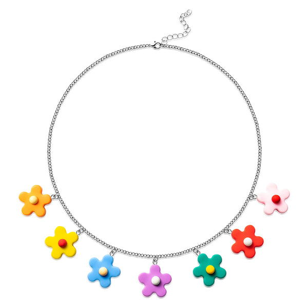 PANTIDE Colorful Flower Indie Necklace Cute Silicone Flowers Pendant Necklace Kawaii Egirl Y2k Style Kidcore Aesthetic Jewelry Gift for Women Girls Kids - 7 Colors