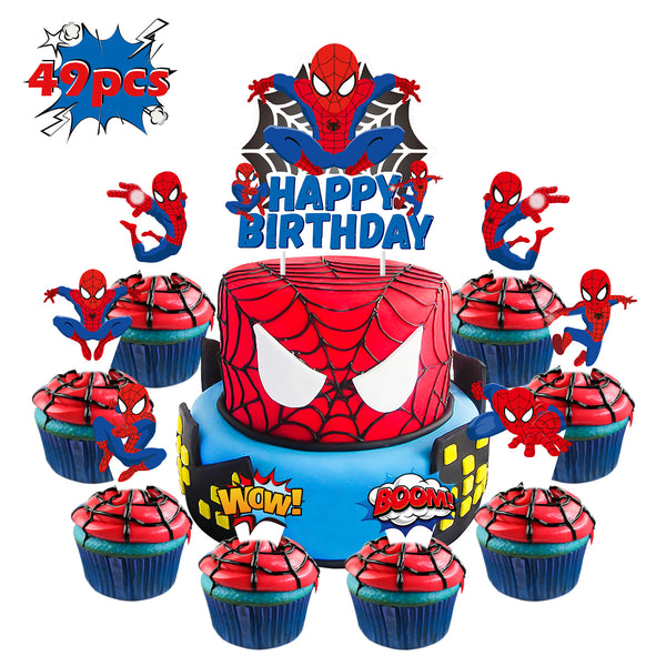 PANTIDE 49Pcs Spiderman Cake Topper Cupcake Toppers - Happy Birthday Cake Decoration, Cupcake Picks of Different Spiderman Patterns, Avengers Superhero Themed Birthday Party Decorations for Kids Boys