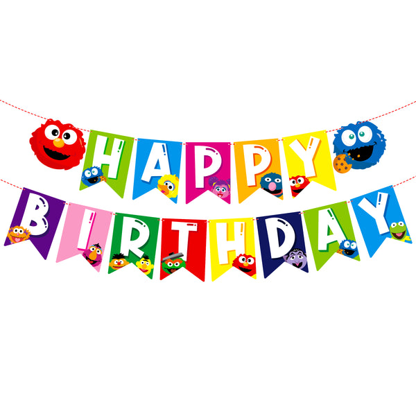 PANTIDE Sesame Happy Birthday Banner Bunting - Elmo Cookie Monster Swallowtail Banner Garland High Chair Hanging Décor for Baby Nursery, Sesame Theme Birthday Party Decorations Supplies for Kids