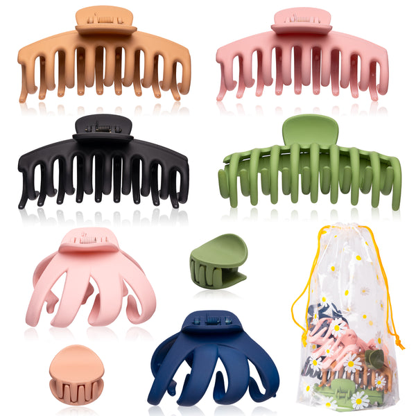 PANTIDE 8 Pcs Hair Claw Clips for Women Girls - Including Large Matte Clips for Thick Hair, Octopus Spider Clips, Non-Slip Round Clips, Fashion Styling Accessories with Daisy Drawstring Storage Bag