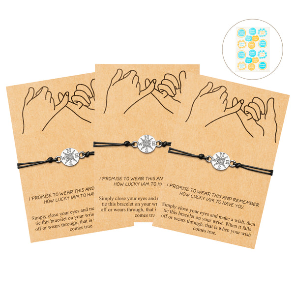 PANTIDE 3Pcs Pinky Promise Distance Matching Bracelets Set -Adjustable Waterproof Handmade Cord Compass Friendship Bracelets, Birthday Xmas Graduation Anniversary Gifts for Couple Families Friends