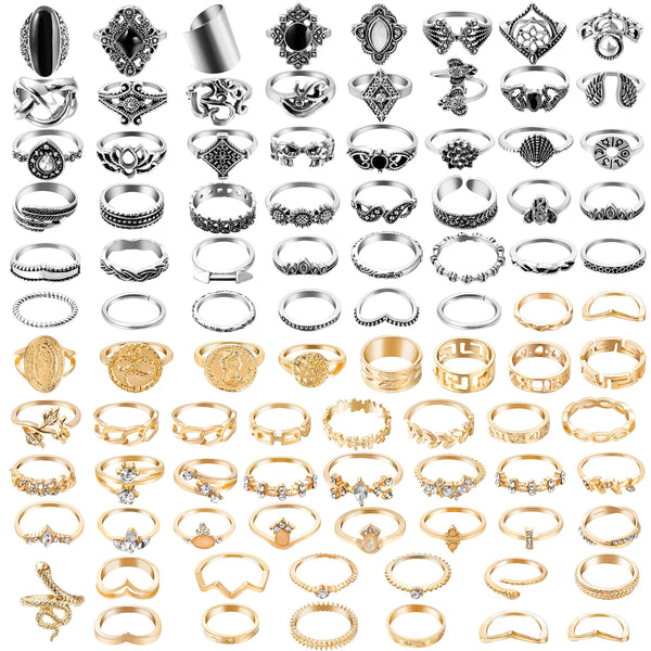 PANTIDE 94Pcs Vintage Knuckle Rings Set Stackable Finger Rings Midi Rings for Women Bohemian Retro Hollow Carved Flowers Gold&Silver Rings Crystal Opal Turquoise Obsidian Joint Rings with Storage Bag