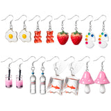 PANTIDE 8 Pairs Funny Dangle Earrings Gummy Bear Goldfish Water Bottle Paint Palette Earrings Strawberry Mushroom Milk Tea Egg Dangle Hook Pendant Earrings Cute Creative Unique Earrings for Women Girl