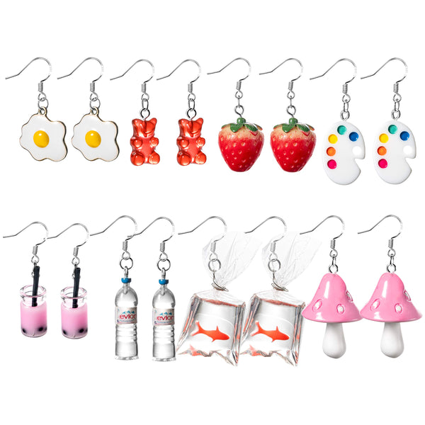 PANTIDE 8 Pairs Funny Dangle Earrings Gummy Bear Goldfish Water Bottle Paint Palette Earrings Strawberry Mushroom Milk Tea Egg Dangle Hook Pendant Earrings Cute Creative Unique Earrings for Women Girl