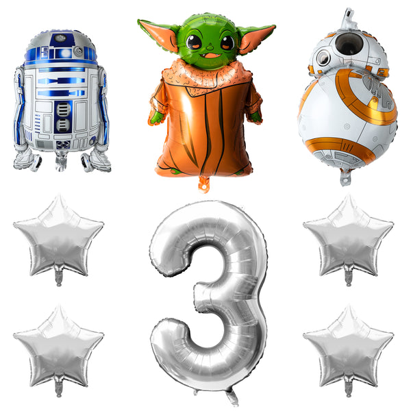 PANTIDE 8 Pcs SW Yooda Balloons 3rd Birthday, Galaxy Wars Themed Party Supplies Favors Celebration Decor Balloon Bundle for Kids Birthday Baby Shower with Giant Number 3 Star-Shaped Robot Foil Balloon