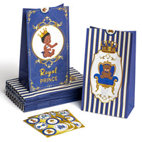 PANTIDE 24 Packs Royal Prince Goodies Candy Treat Bags with Stickers African American Baby Boy Birthday Blue and Gold Party Decoration Favors Supplies Bags Little Prince Gift Bags for Boy Baby Shower