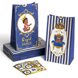 PANTIDE 24 Packs Royal Prince Goodies Candy Treat Bags with Stickers African American Baby Boy Birthday Blue and Gold Party Decoration Favors Supplies Bags Little Prince Gift Bags for Boy Baby Shower