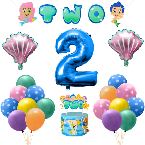 PANTIDE Cartoon Guppies Fish 2nd Party Decorations Supplies Kit Including Number 2 Balloons 12 inch Latex Balloons Shell Foil Balloons Cake Toppers TWO Banner for Kids Birthday Baby Shower(39 Pcs)