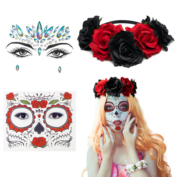 PANTIDE Day of the Dead Sugar Skull Temporary Face Tattoos Rhinestone Stickers Face Gems Makeup Jewelry with Red Black Rose Floral Crown Headband for Women Girls Dia De Los Muertos Halloween Costume