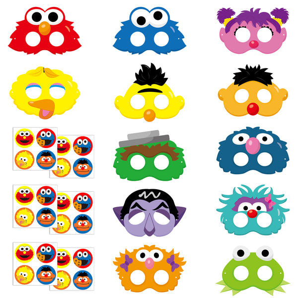 PANTIDE 24 Packs Sesame Printed Masks Birthday Party Supplies - Elmo Cookie Monster Big Bird Dress up Party Favors for Kids, Cartoon Sesame Themed Birthday Party Pretend Play Cosplay Photo Booth Props