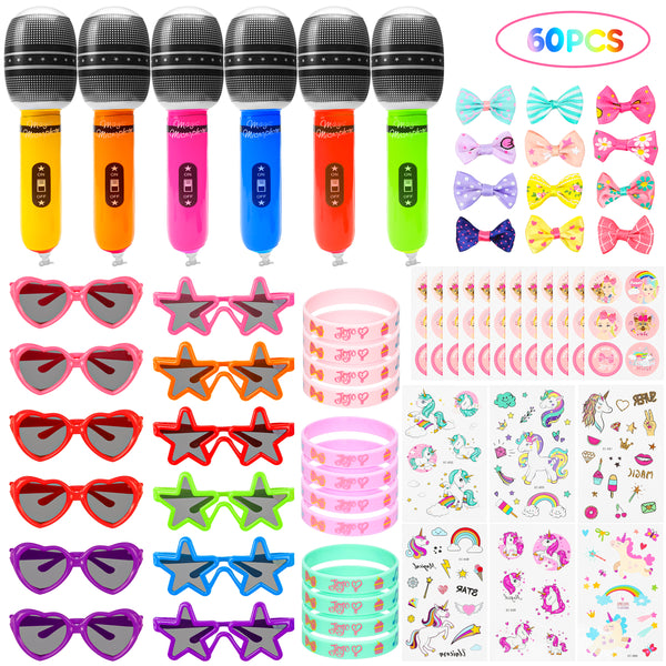 PANTIDE 60 Packs Jojo Party Supplies Favors, Jojo Bow Jojo Stickers Novelty Sunglasses Inflatable Microphones Unicorn Temporary Tattoos Silicone Wristbands, Wonderful Gifts for Kids Girls Birthday