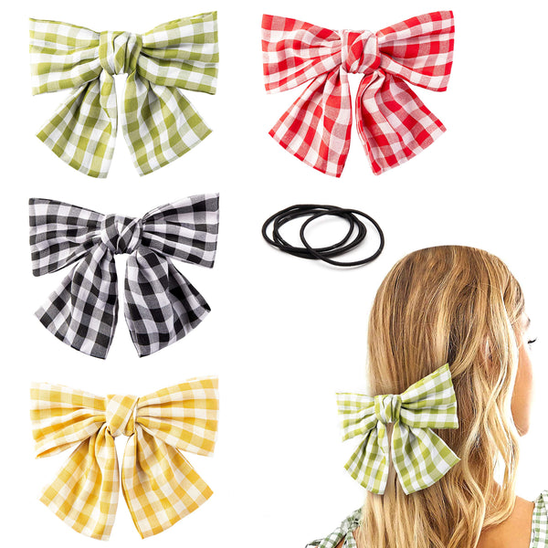 PANTIDE 4 Packs Plaid Hair Bow Clips Barrettes with Black Hair Ties, 4 Colors Large Hair Bowknot(Red/Black/Yellow/Green) with Alligator Hair Clips, Elegant French Style Hair Accessories for Women Girl
