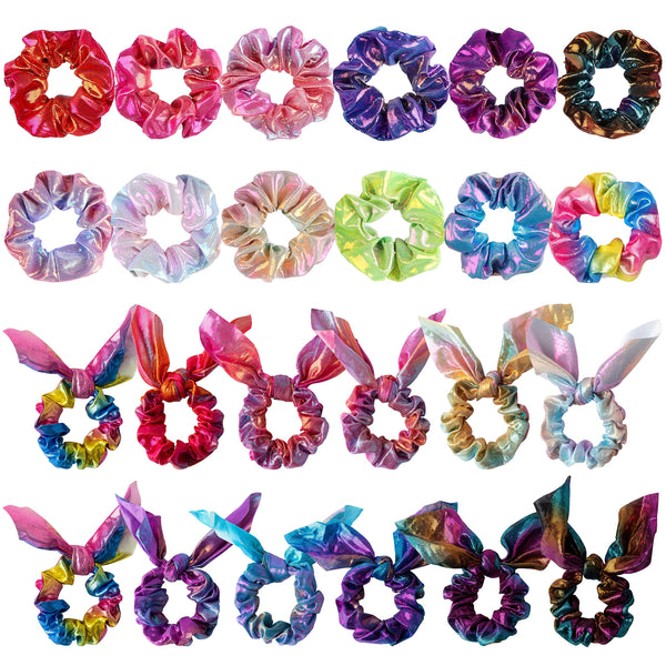 PANTIDE 24Pcs Shiny Metallic Bow Scrunchies, Rabbit Ear Dazzling Mermaid Colors Hair Scrunchies Cute Elastic Large Hair Bands Scrunchies Ponytail Holders Hair Ties for Girls Women Hair Accessories