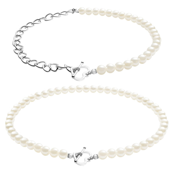 PANTIDE 2 Packs Y2K Pearl Heart Clasp Necklace Choker Silver Dainty Chain Link Necklace with Pearls 90s Antique Love OT Toggle Clasp Necklace Vintage Fashion Jewelry Accessories Gifts for Women Egirl