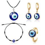 PANTIDE 5Pcs Evil Eyes Protection Jewelry Set, Including Evil Eye Glass Charm Pendant Necklace, Turkish Blue Beads Braid Bracelet, Hoop Earrings, Adjustable Open Ring for Women Men Girls Boys