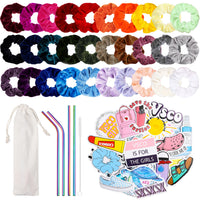 PANTIDE 86Pcs VSCO Starter Stuff Pack Set VSCO Accessories Gift for Teen Girls- Velvet Hair Scrunchies, VSCO Stickers for Hydro Flask, Stainless Steel Straws with Cleaning Brush and Storage Bag