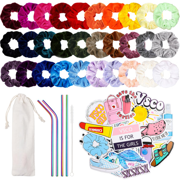 PANTIDE 86Pcs VSCO Starter Stuff Pack Set VSCO Accessories Gift for Teen Girls- Velvet Hair Scrunchies, VSCO Stickers for Hydro Flask, Stainless Steel Straws with Cleaning Brush and Storage Bag