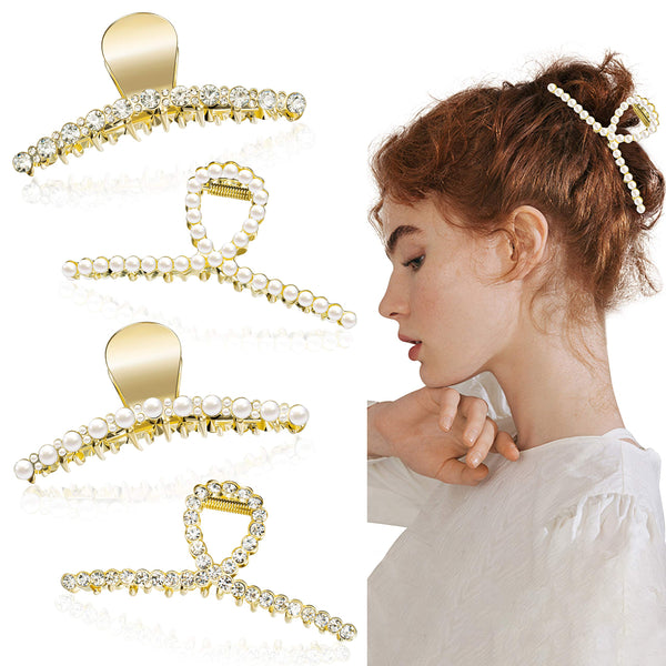 PANTIDE 4 Packs Vintage Pearl Metal Rhinestone Hair Claw Clips Large Size Non-Slip Strong Hold Imitation Pearl Hair Jaw Clips Clamp Clips Hair Clasps Barrettes Accessories for Women Ladies Girls