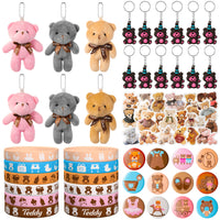 PANTIDE 87Pcs Bear Party Favors Supplies Set – Included Stuffed Plush Bear Vinyl Stickers Keychains Badges Silicone Wristbands Bracelets for Birthday Gifts Baby Shower Wedding Classroom Rewards