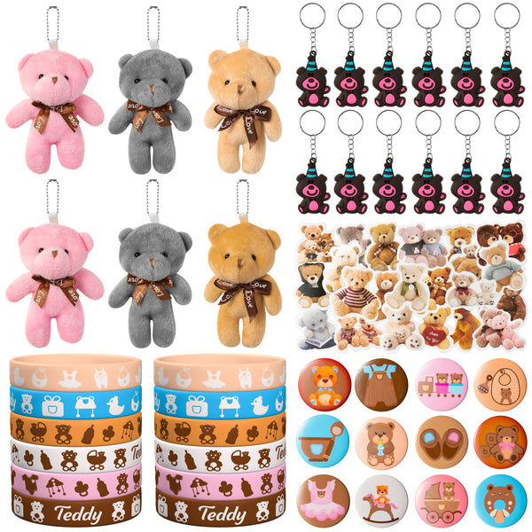PANTIDE 87Pcs Bear Party Favors Supplies Set – Included Stuffed Plush Bear Vinyl Stickers Keychains Badges Silicone Wristbands Bracelets for Birthday Gifts Baby Shower Wedding Classroom Rewards
