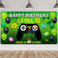 PANTIDE Level 18 Video Game Happy Birthday Backdrop Banner- Level Up Birthday Party Decorations Supplies, Game Controller Balloon Banner Background, Game On Party Large Poster Accessory (6.5 x 3.8ft)