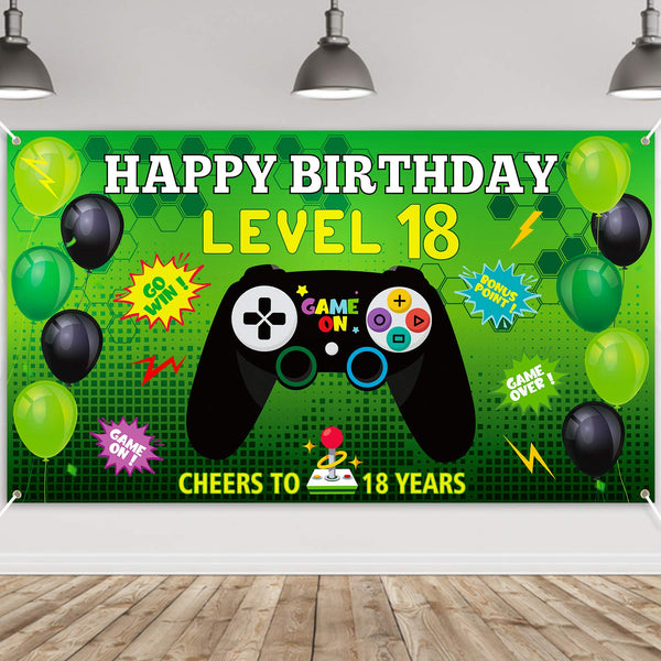 PANTIDE Level 18 Video Game Happy Birthday Backdrop Banner- Level Up Birthday Party Decorations Supplies, Game Controller Balloon Banner Background, Game On Party Large Poster Accessory (6.5 x 3.8ft)