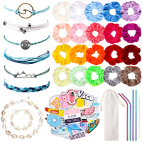 PANTIDE 84Pcs VSCO Starter Stuff Pack Set- Velvet Hair Scrunchies, VSCO Stickers, Shell Necklace Choker, Shell Bracelets, Adjustable Handmade Wave Bracelets, Metal Straws with Brush and Storage Bag