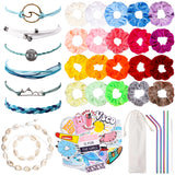 PANTIDE 84Pcs VSCO Starter Stuff Pack Set- Velvet Hair Scrunchies, VSCO Stickers, Shell Necklace Choker, Shell Bracelets, Adjustable Handmade Wave Bracelets, Metal Straws with Brush and Storage Bag