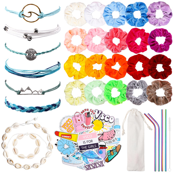 PANTIDE 84Pcs VSCO Starter Stuff Pack Set- Velvet Hair Scrunchies, VSCO Stickers, Shell Necklace Choker, Shell Bracelets, Adjustable Handmade Wave Bracelets, Metal Straws with Brush and Storage Bag