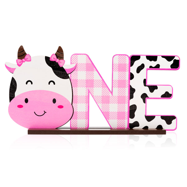 PANTIDE Cow One Letter Sign Wooden Table Centerpiece for Baby Girls Pink Cow First Birthday Decoration Pink Farm Barnyard Animals 1st Table Sign Party Supplies for Baby Shower Cake Smash Photo Props